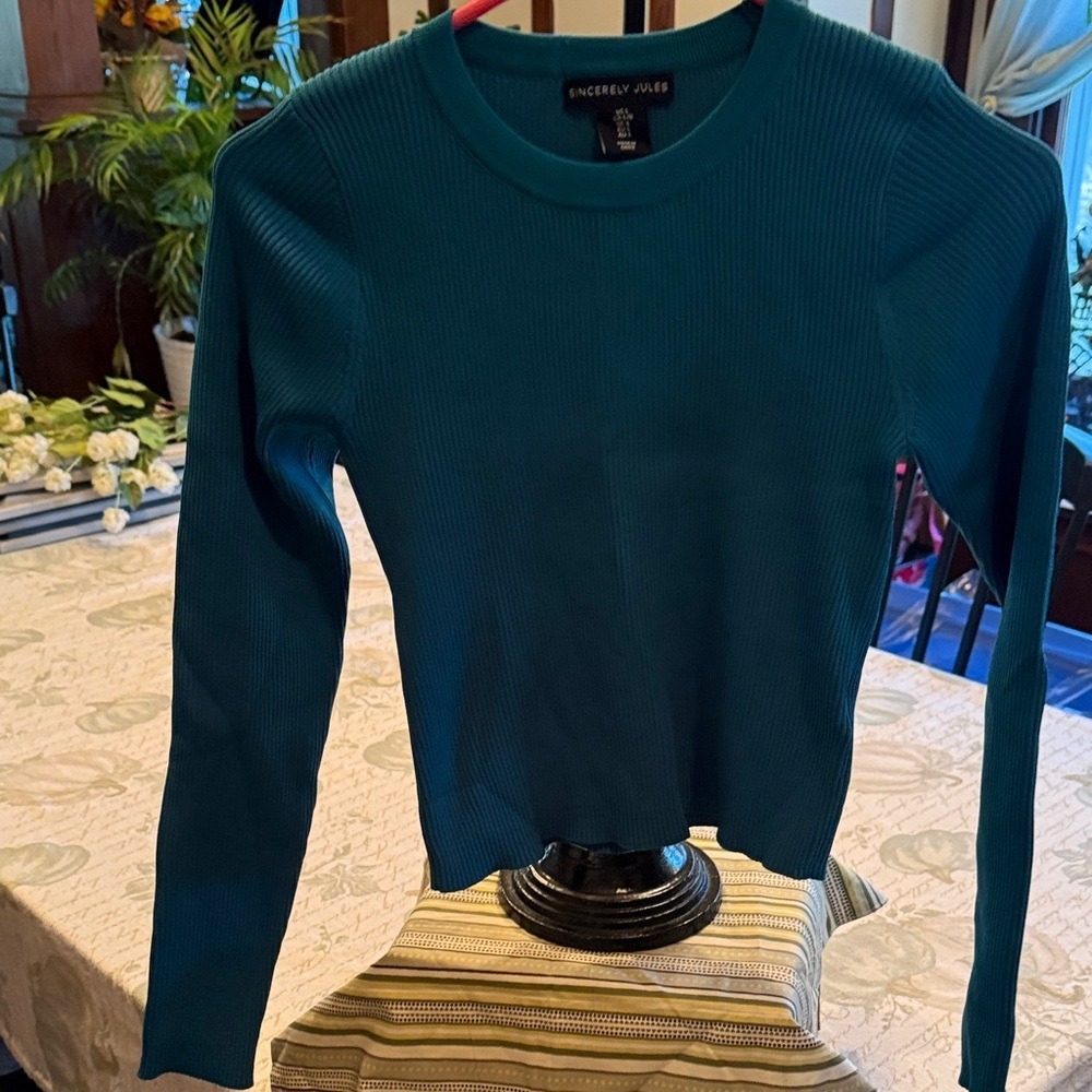 Sincerely Jules Womens Ribbed Knit Long Sleeve Crew Neck Top Teal Blue Large
